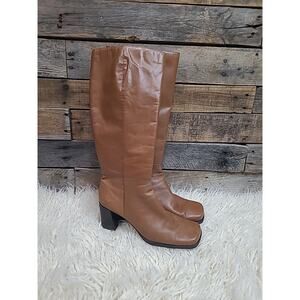 90s Y2K Capezio Camel Leather Knee High Boots 8.5 Square Toe Chunky Block Heel